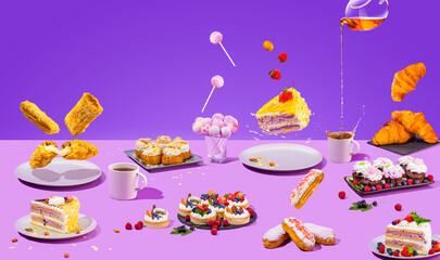 Variety of vibrant and playful pastries and cakes, croissants, eclairs, cupcakes, creatively...