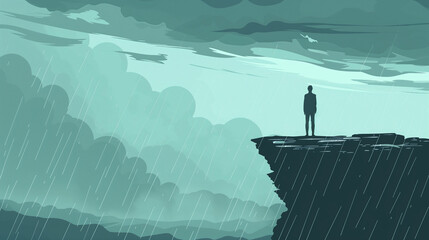 Vector art illustration of a lonely figure under a rain stormy sky, minimalistic design in grey-blue and grey-green tones, mood: loneliness, despair, hopelessness, betrayal - obrazy, fototapety, plakaty