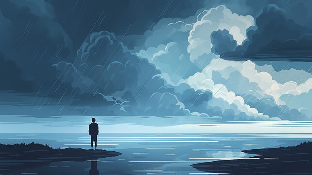 Vector art illustration of a lonely figure under a rain stormy sky, minimalistic design in grey-blue and grey-green tones, mood: loneliness, despair, hopelessness, betrayal