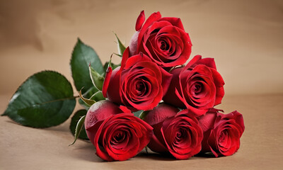 Romantic bouquet of six red roses on neutral background.