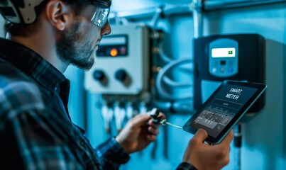 Smart meter, smart metering. A technician using an electric meter to Protective of the home's electrical system while holding up his tablet. 