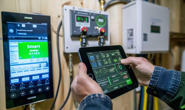 Smart meter, smart metering. A technician using an electric meter to Protective of the home's electrical system while holding up his tablet. 