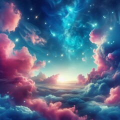 a dreamy landscape where the skies are painted with fantastic blue and pink clouds adorned with glittering stars