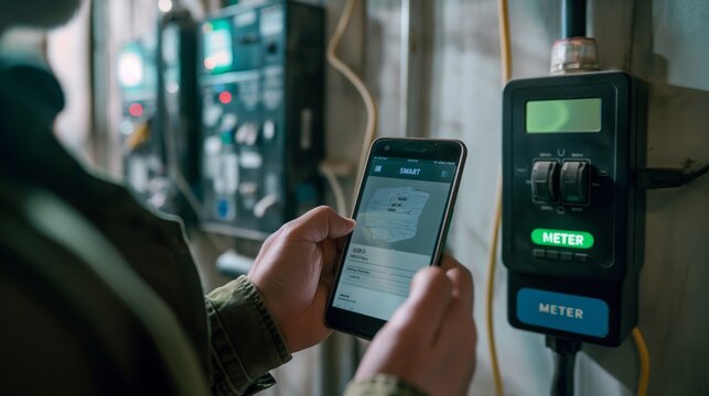 Smart meter, smart metering. A technician using an electric meter to Protective of the home's electrical system while holding up his tablet. 