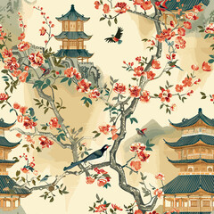 Chinoiseries seamless pattern with clouds, Chinese castle, flowers, birds. Vector Graphics
