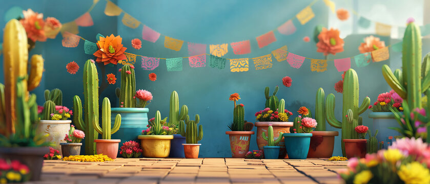 The cinco de mayo-themed backyard cactus garden is filled with a variety of cacti enjoying the warm morning sun