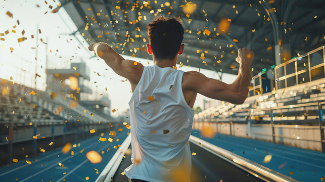 An athlete runs along a treadmill in a stadium, celebrates victory at a competition, confetti falls on him, victory at the Olympics or championship