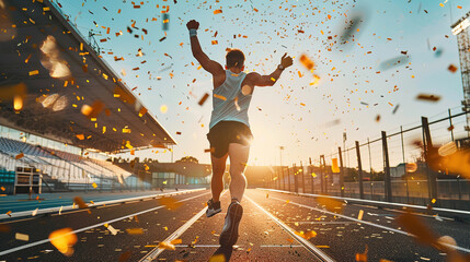 An athlete runs along a treadmill in a stadium, celebrates victory at a competition, confetti falls on him, victory at the Olympics or championship - obrazy, fototapety, plakaty