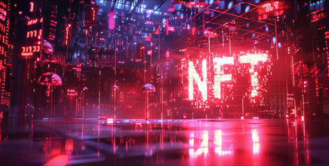 Abstract digital world of NFT, modern token on cyber tech red background. Theme of blockchain, non-fungible, crypto art, data, bitcoin, gallery