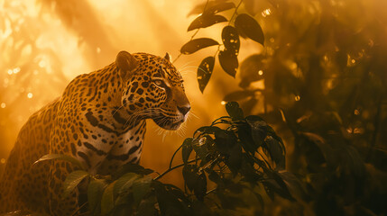 golden Jaguar in the Amazon forest - obrazy, fototapety, plakaty