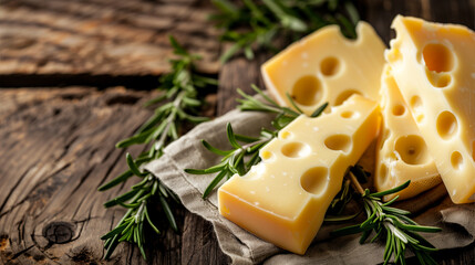 Cheese Slices With Herbs on a Napkin on Wooden Table