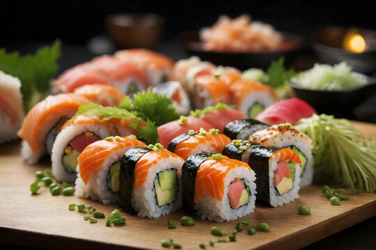 Sushi on a dark background. Restaurant cuisine. Japanese cuisine.
