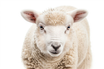 Close Up of Sheep on White Background - obrazy, fototapety, plakaty
