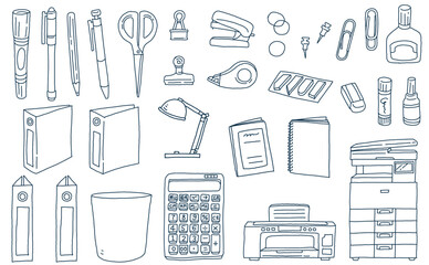 オフィス用品の文房具の手描き線画イラストセット