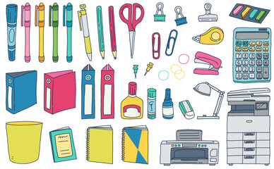 オフィス用品の文房具の手描きイラストセット