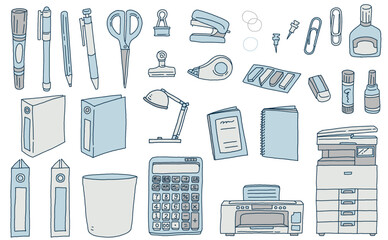 オフィス用品と文房具の手描き単色イラストセット