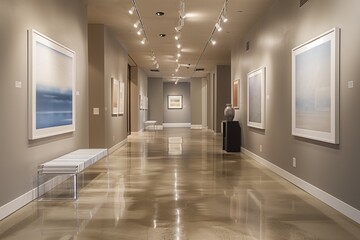 Contemporary art gallery hallway, where the design focuses on showcasing a rotating collection of modern art pieces.