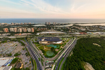 Aerial View of Barra da Tijuca District With Alvorada Bus Terminal, Cidade das Artes Cultural Complex and Ocean in the Horizon in Rio de Janeiro