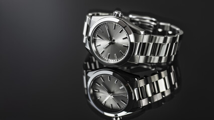 Stylish silver watch black background reflection