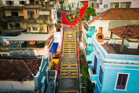 Rio de Janeiro, Brazil - April 17, 2024: Colorful Selaron Stairway, world-famous work of Chilean artist Jorge Selaron.