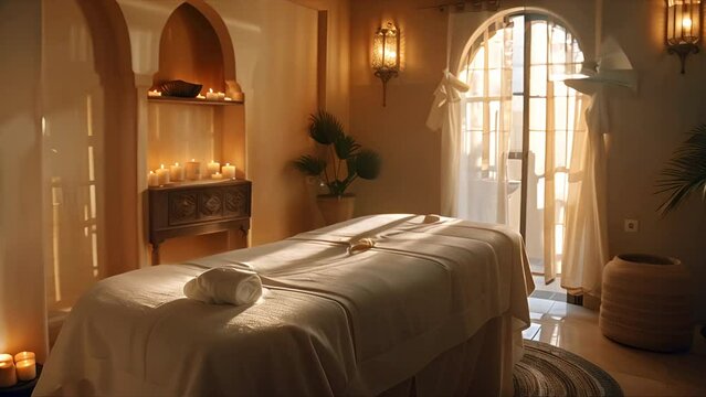 Pushing towards a bed in a healing massage business with candles burning and light streaming in through a window 
