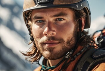 Man wearing a helmet with a determined expression. Embodies adventure and the spirit of exploration.