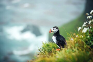 Fototapeta premium Atlantic Puffin, (Fratercula arctica) cliff top Hebidish Coas, Photo of a Puffin bird in Iceland, during the summer, beautiful nature with daisies with a blue sea and flowers, natural background.