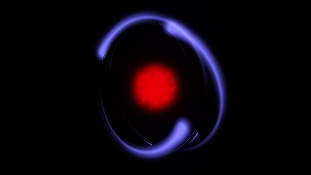 Electrons rotate around the nucleus of an atom on a black background, 3D render.