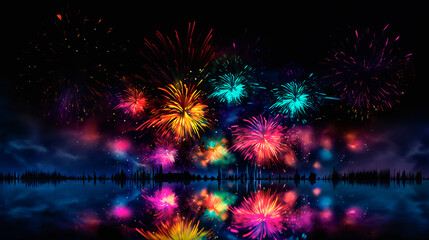 Multi colored bright fireworks in the dark night sky over the city.