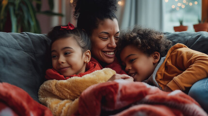 A mother and her children snuggled up on the couch, watching their favorite movie. Happiness, love, care, respect for each other - obrazy, fototapety, plakaty
