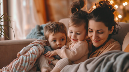 Fototapeta premium A mother and her children snuggled up on the couch, watching their favorite movie. Happiness, love, care, respect for each other