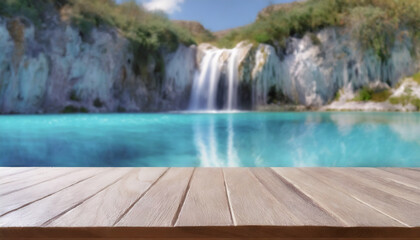 Empty wooden table with landscape with blue sky with waterfall. Rocky valley landscape with lake, to display or mount your products, space for text
