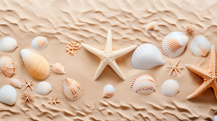 Top view of a sandy beach texture with exotic shells.
