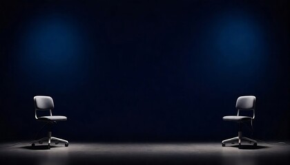 Behind the scenes empty scene of two chairs & microphones stand in interview or podcast room isolated on dark navy background, concept of silence after the hubbub created with generative ai