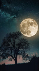  moon in the night as symbol for good sleep or dreams with the silhouette of a tree in front