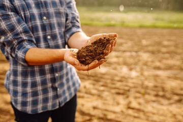 Male hands touching soil on the field. Farmer is checking soil quality before sowing wheat. Environmental, earth day
