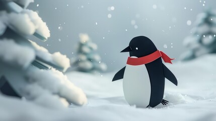 Obraz premium A fluffy papercut penguin, sporting a tiny red paper scarf, waddles across a snowy landscape, its black and white form a stark contrast against the winter white
