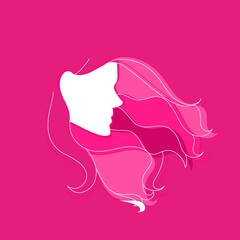 Pink Girl profile silhouette logo with long hair illustration on white background, hairstyle, haircare, hairstyle 
