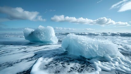 Climate change melts icebergs contributing to rising sea levels and ocean temperatures. Concept Climate change, Icebergs, Rising sea levels, Ocean temperatures