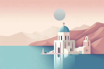 Santorini island landscape. Pattern with houses. Illustration
