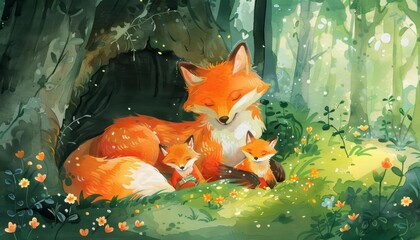 Fototapeta premium A mother fox and her cubs snuggle in a den, their bright orange fur a warm contrast to the cool forest background, kawaii, bright water color