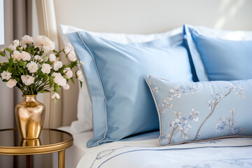 Blue and white pillows on bed. French country interior design of modern bedroom