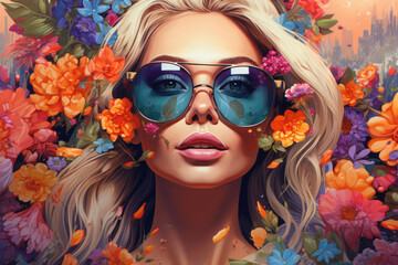 Portrait of a beautiful woman in sunglasses with flowers in the background