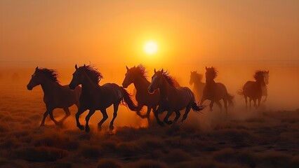 Wild horses race across dusty prairie under setting sun in desert. Concept Animals, Nature, Wildlife, Adventure, Sunset