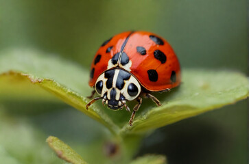 Obraz premium A ladybug on a green leaf