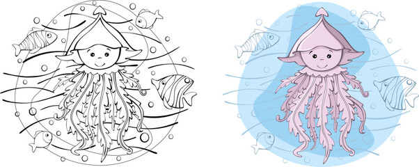 Cute jellyfish fish of the sea. vector illustration in hand-drawn, on an isolated background. for coloring