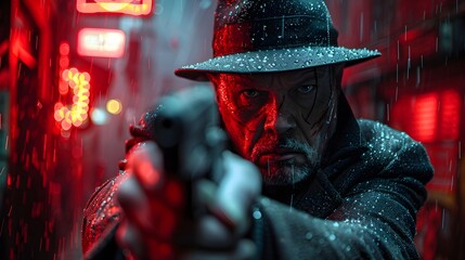 Menacing Mafia Kingpin Wielding Tommy Gun in Gritty Urban Alley at Nightfall