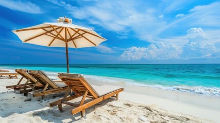 A beach scene with three beach chairs and an umbrella. The chairs are arranged in a row and the umbrella is providing shade. Scene is relaxed and peaceful, as it is a sunny day at the beach