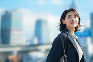 屋外のスーツ姿の女性