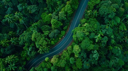 aerial view of beautiful winding highway road through dense green forest. ai generative